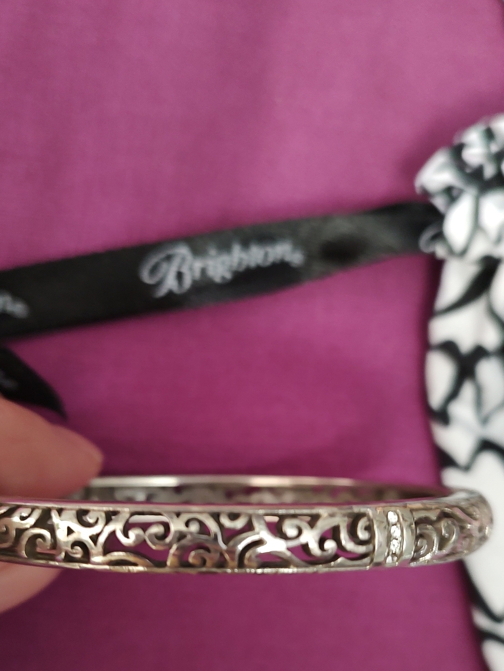 Brighton Silver Filigree Hinged Bangle Bracelet - Pink Background